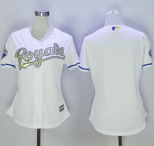 Royals Blank White Women's 2015 World Series Champions Gold Program Cool Base Stitched MLB Jersey - Click Image to Close